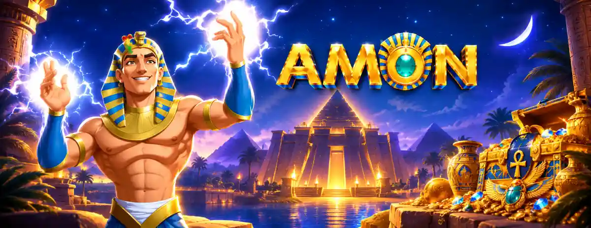 Pharaon Amon Casino en ligne avec pyramide, or et éclairs sur fond égyptien